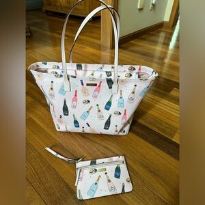 Kate Spade pink champagne bottles print bag and wristlet. EUC
